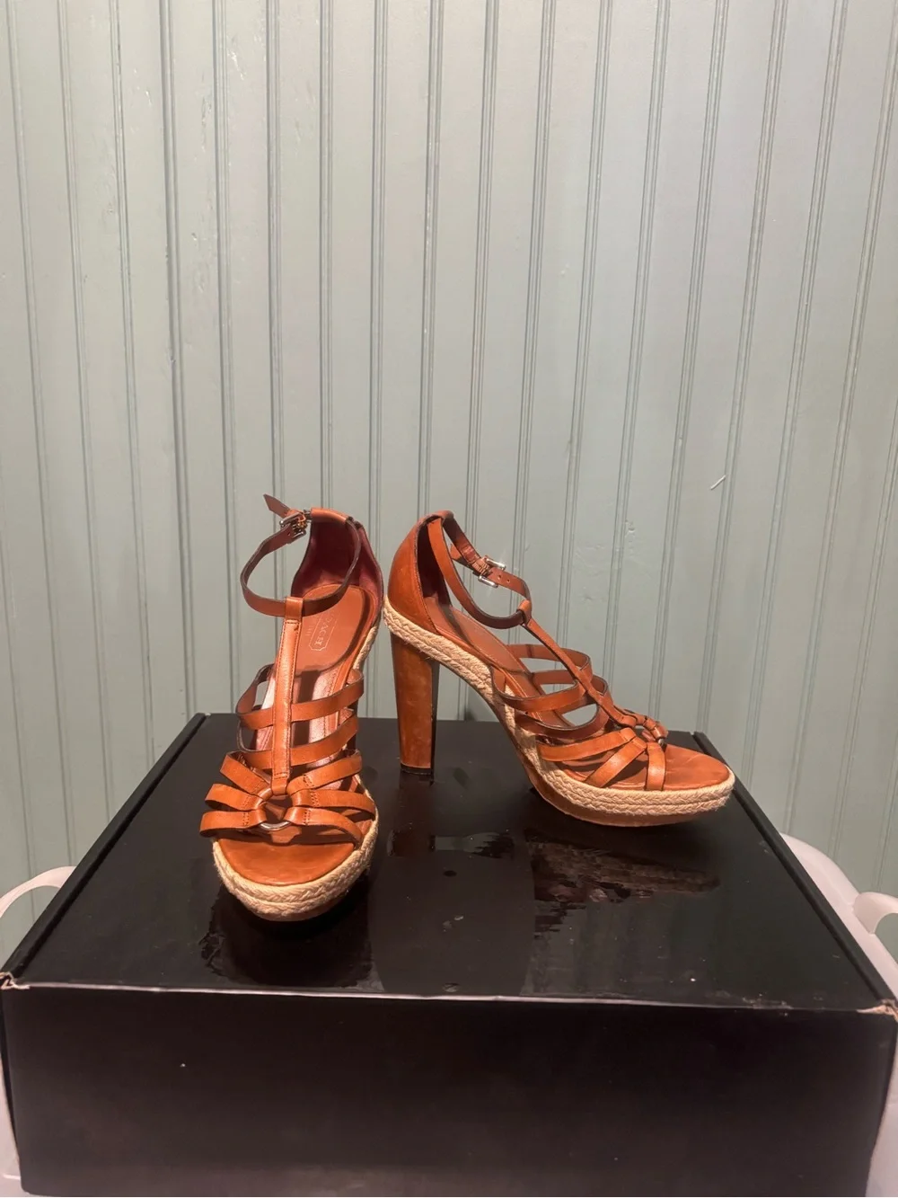 Coach Brown Leather T-Strap Espadrille Wedge Sandals